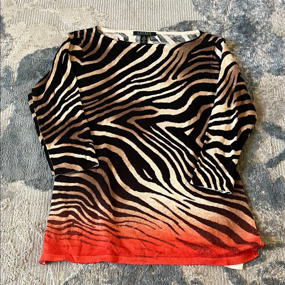 Ralph Lauren Zebra Print Long Sleeve Top with Red Accent